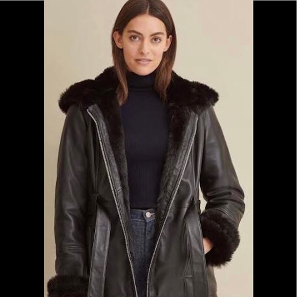 New Wilson Black Heavy Leather & faux Fur Hooded Jacket. Size Small - Picture 3 of 6